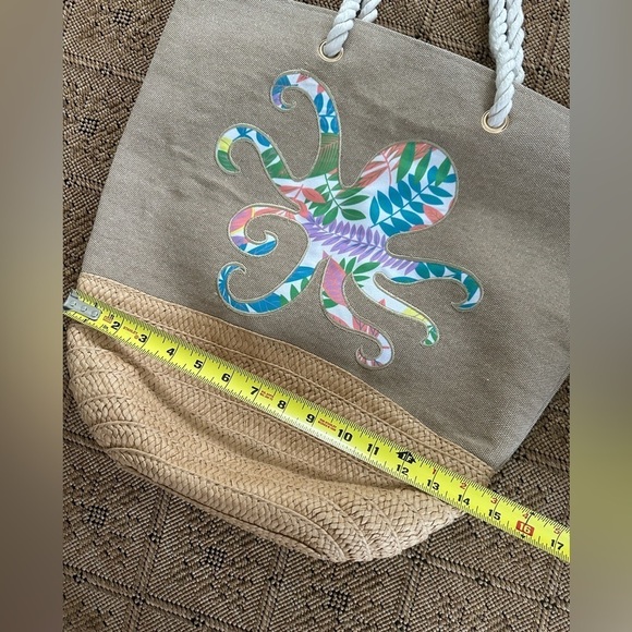 Floral Octopus Embroidered on Tan Canvas, Rope Handled Beach Bag Tote - Picture 9 of 9